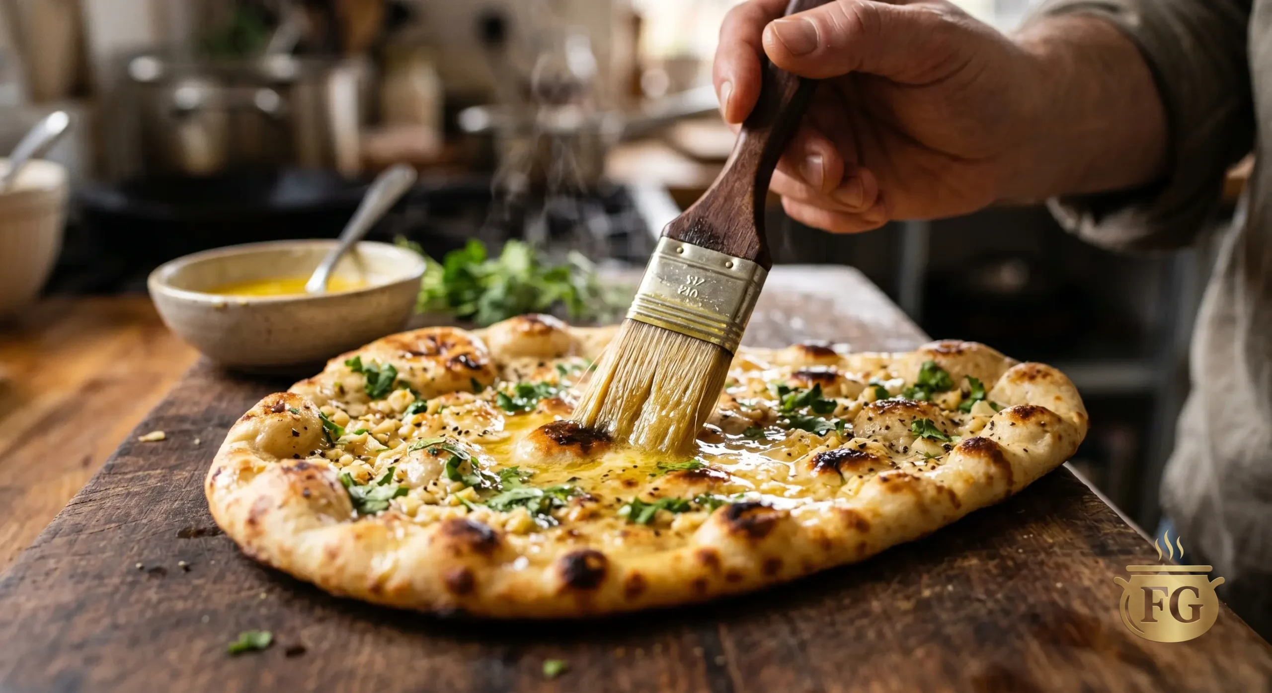 Mix Veg Recipe: Authentic Dhaba-Style Feast (2026) % %caption % A close-up view of a hand using a pastry brush to apply melted butter and minced garlic onto a freshly baked, herb-topped garlic naan on a rustic wooden cutting board.