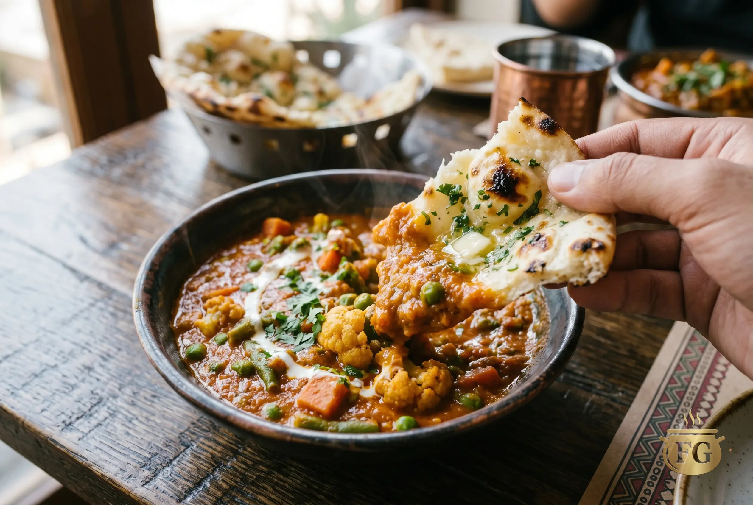 Mix Veg Recipe: Authentic Dhaba-Style Feast (2026) % %caption % A close-up view of a person's hand holding and dipping a torn piece of fresh, buttered garlic naan, sprinkled with green herbs, into a rustic ceramic bowl filled with a thick, colorful Indian vegetable curry. The curry is filled with visible cauliflower, peas, and carrots, garnished with a cream swirl and cilantro. Blurred background shows other Indian dishes on a textured wooden table.
