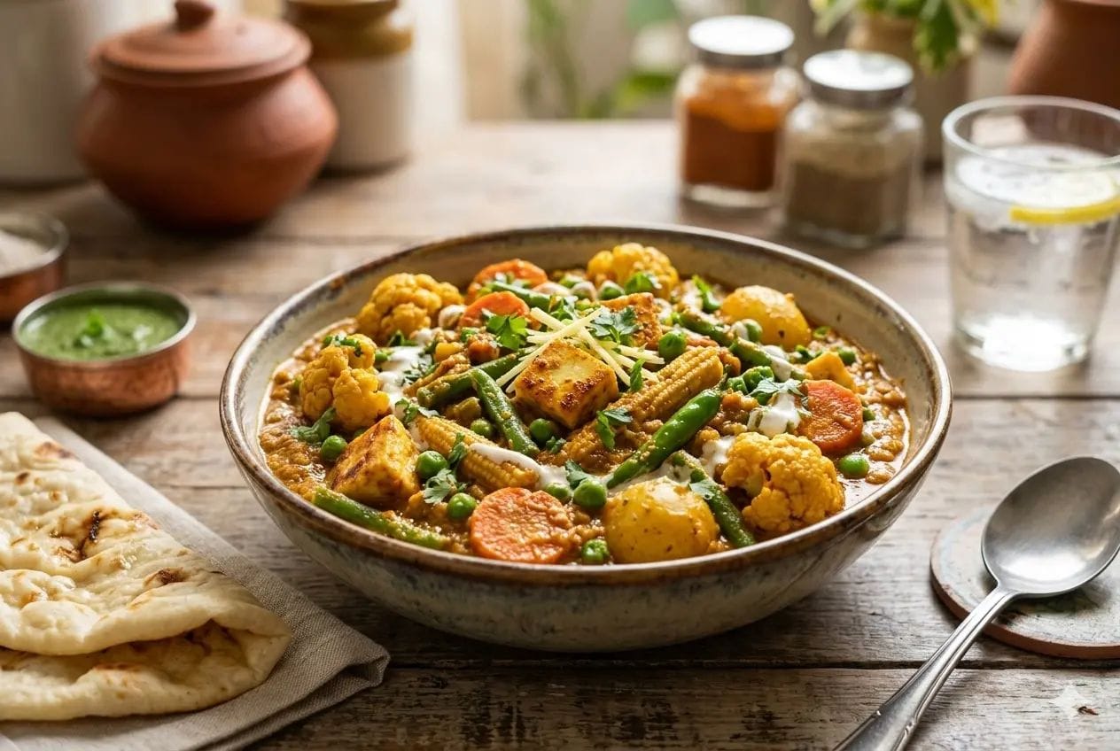 Delicious Mix Veg : Quick and Healthy Recipe % %caption % A colorful bowl of dhaba style mix veg curry with paneer, cauliflower, and carrots served with naan.