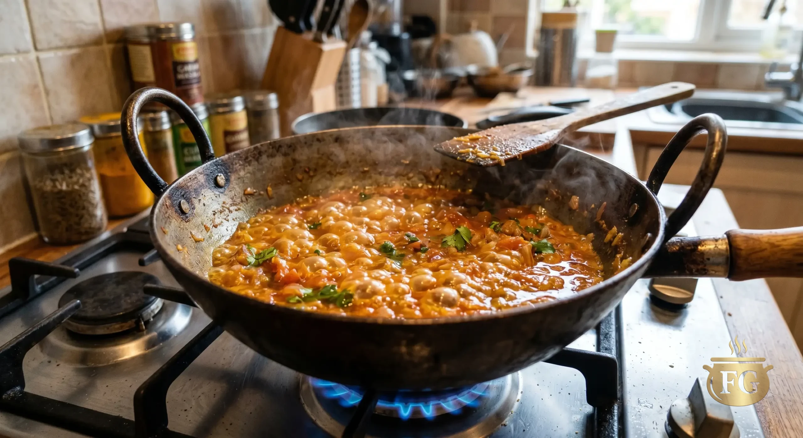 Mix Veg Recipe: Authentic Dhaba-Style Feast (2026) % %caption % A close-up view of a traditional seasoned iron kadhai pan on a lit gas burner, filled with a bubbling, simmering rich tomato masala base. Abundant steam is actively rising from the orange-brown mixture, which has flecks of coriander. A wooden spatula rests near the rim, and spice jars are visible on the kitchen counter in the background.