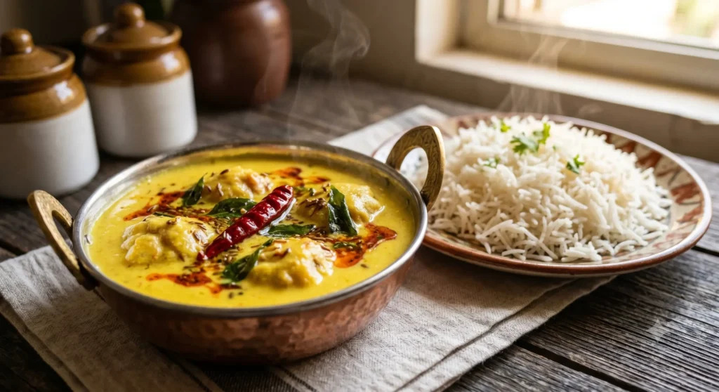 Overhead shot of a rustic wooden table featuring a traditional copper bowl filled with bright yellow Kadhi curry, topped with a red chili tempering. Beside it is a plate of fluffy white basmati rice and a side of sliced red onions.