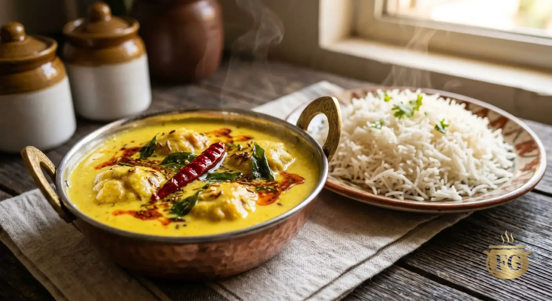 Overhead shot of a rustic wooden table featuring a traditional copper bowl filled with bright yellow Kadhi curry, topped with a red chili tempering. Beside it is a plate of fluffy white basmati rice and a side of sliced red onions.