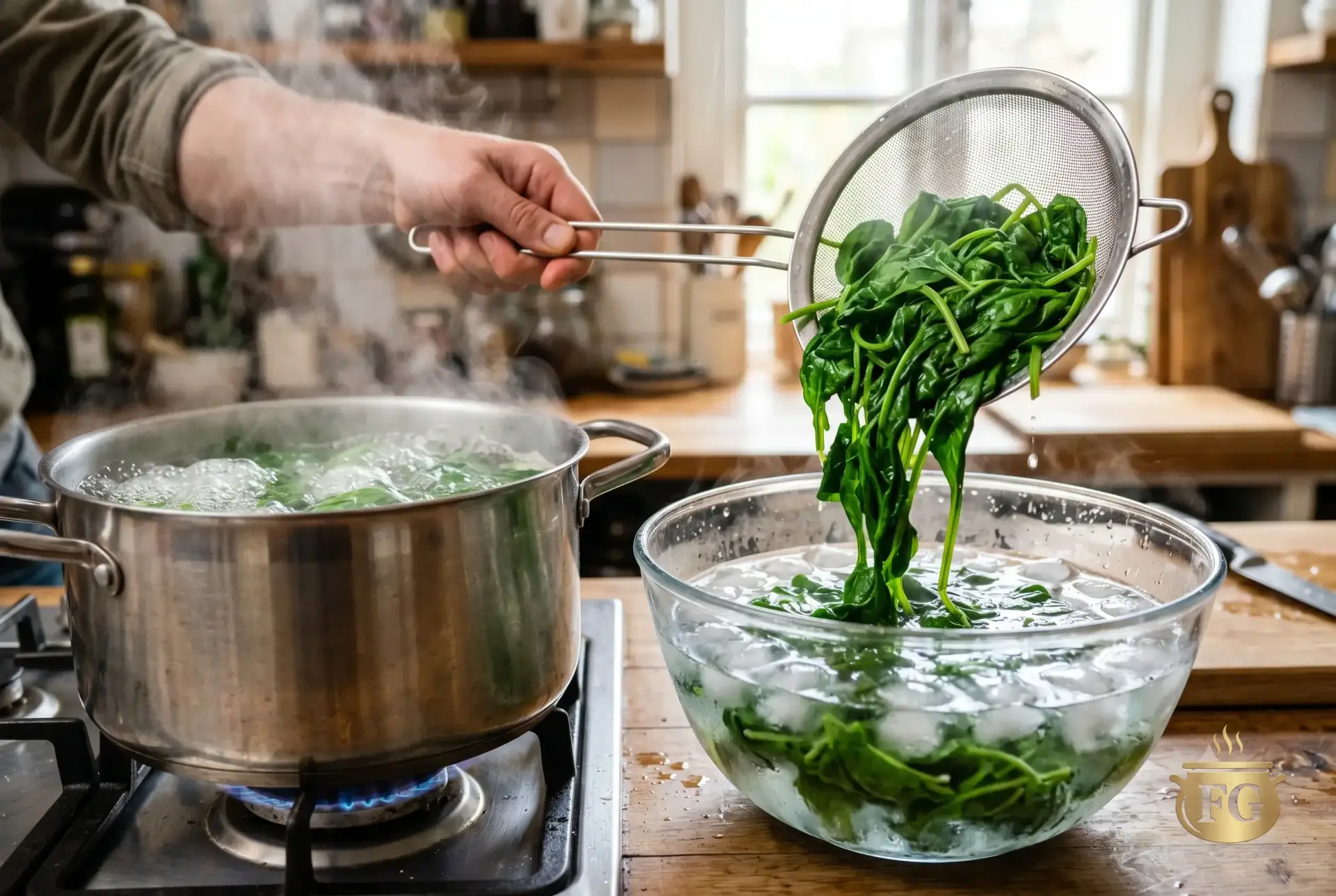 100% Authentic Palak Paneer Recipe (5 Secrets for a Vibrant Emerald Gravy) % %caption % Dynamic close-up of bright green blanched spinach being transferred mid-air with a mesh strainer from a steaming stainless steel pot of boiling water on a gas stove into a large glass bowl overflowing with ice cubes and cold water on a wooden kitchen counter. Steam rises, and ice is clearly visible.
