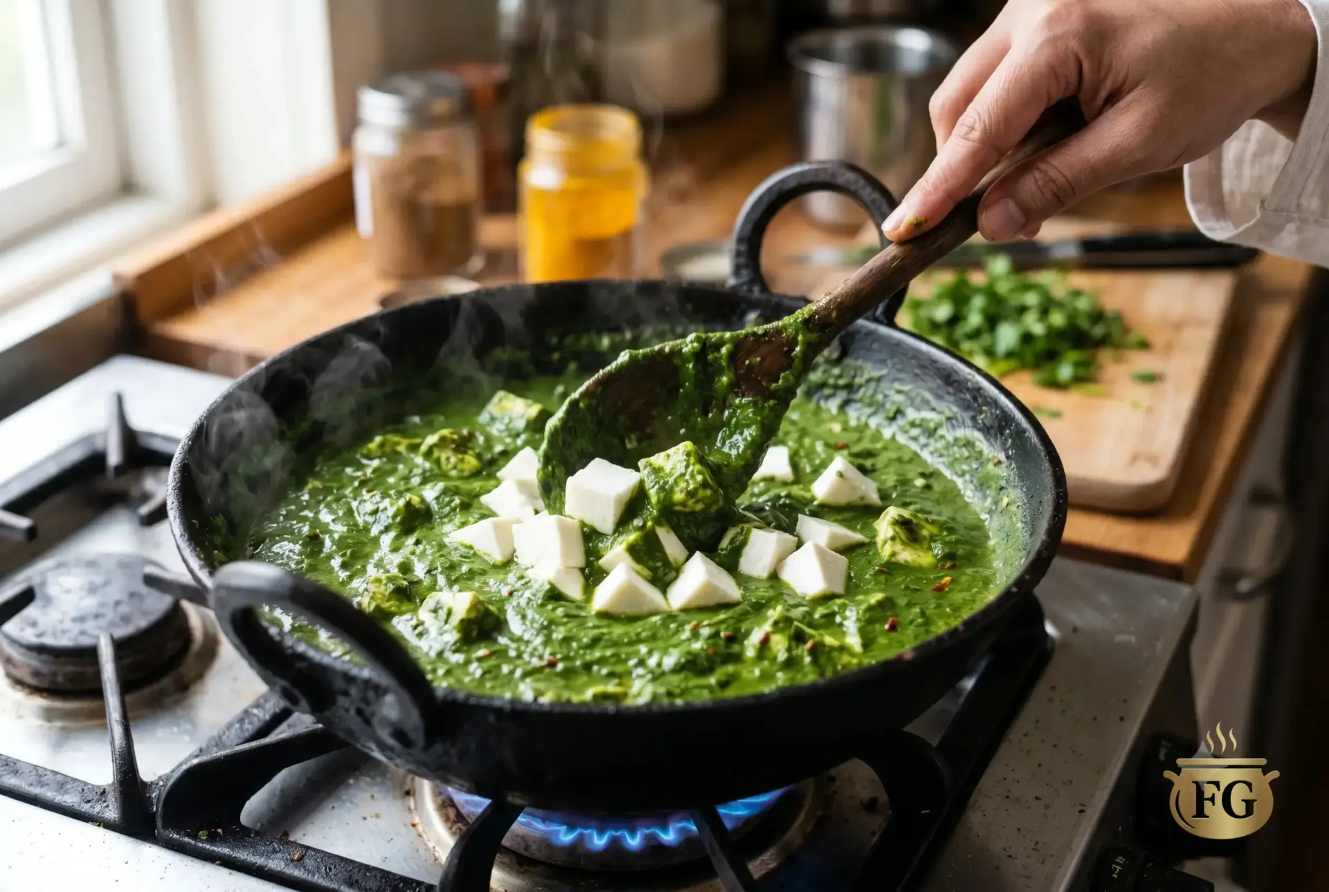 100% Authentic Palak Paneer Recipe (5 Secrets for a Vibrant Emerald Gravy) % %caption % An action photograph taken from a slightly elevated perspective shows fresh, white cubes of paneer being incorporated with a well-used wooden spoon into a thick, lush green spinach curry inside a simmering black cast iron Kadai on a lit gas stove. Steam rises actively, and a hand is mid-motion. The background kitchen is softly blurred with a wooden counter and spice jars.