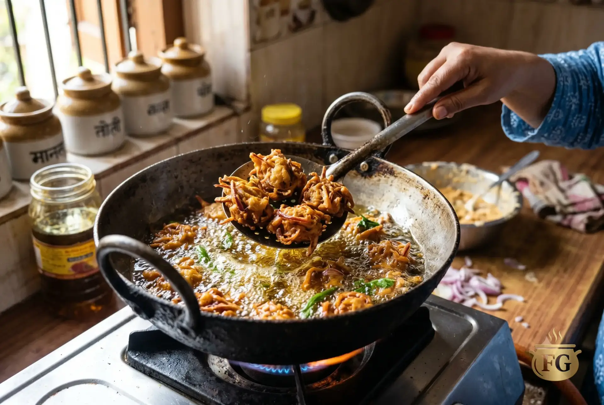 A dynamic close-up action shot of a metal slotted spoon lifting freshly fried, golden-brown onion pakoras out of bubbling hot cooking oil in a traditional dark iron kadhai. The background is slightly blurred, highlighting the crispy texture of the fritters.