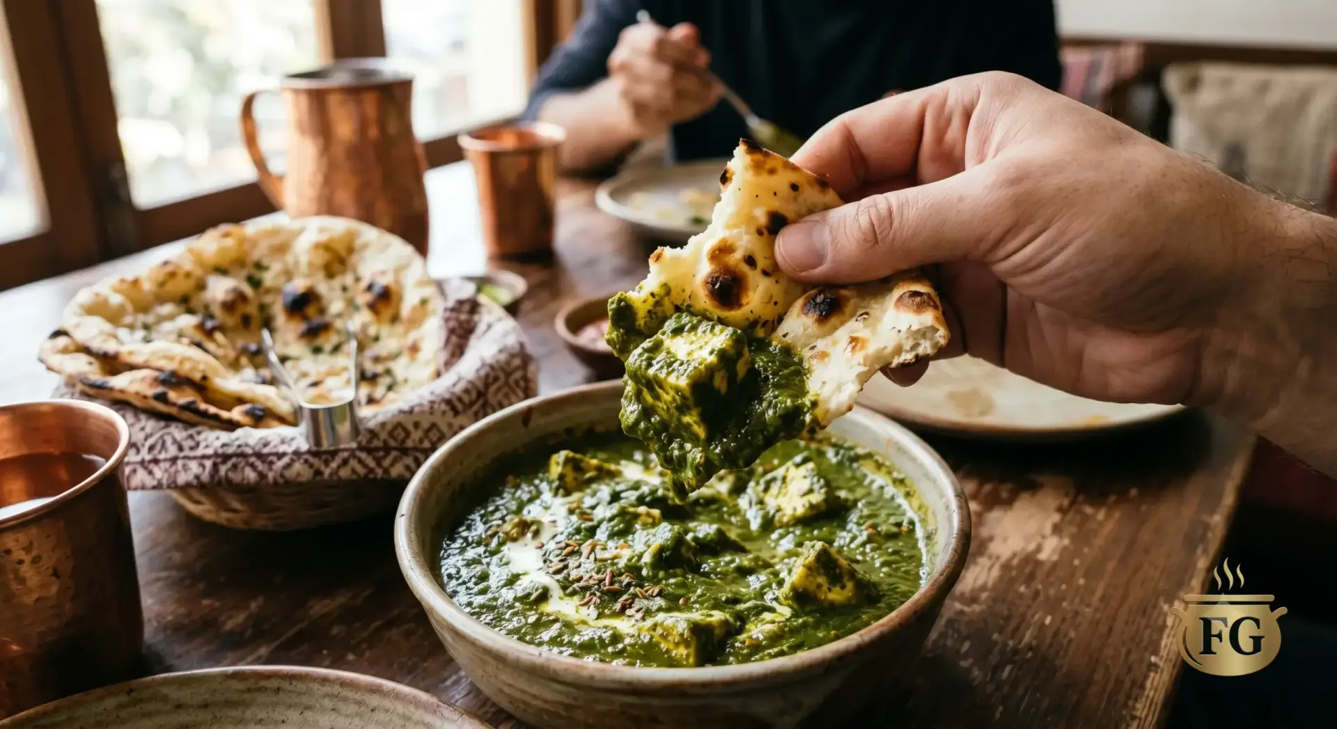 100% Authentic Palak Paneer Recipe (5 Secrets for a Vibrant Emerald Gravy) % %caption % A first-person view of a hand using a piece of blistered naan bread to scoop a gravy-covered cube of paneer from a bowl of thick spinach curry. A basket of naan, copper cups, and a dining companion are on the rustic wooden table.