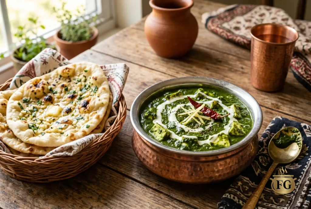 A hammered copper bowl filled with creamy green Palak Paneer garnished with a cream swirl and fresh ginger juliennes, sitting next to a wicker basket holding several pieces of garlic naan on a rustic wooden table with traditional Indian pottery and fabrics in the background.