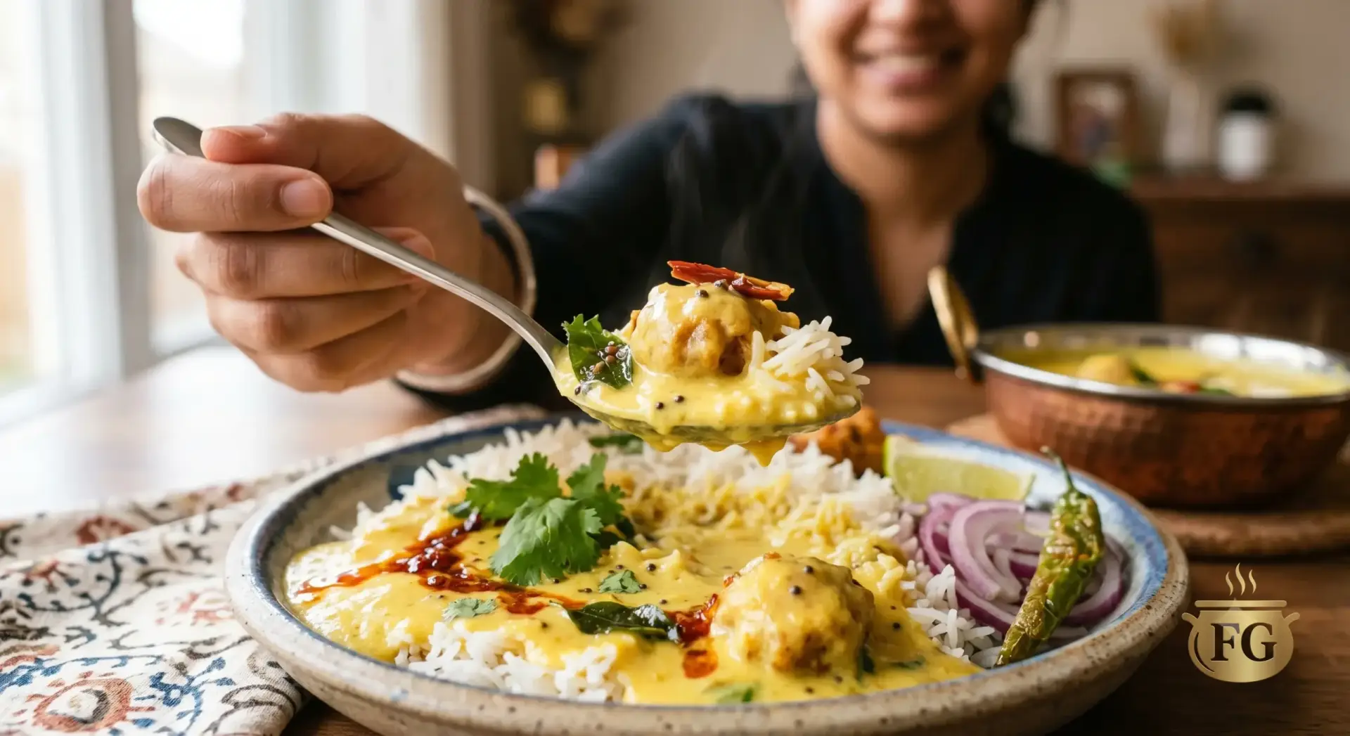 First-person perspective of a silver spoon lifting a perfect bite consisting of white basmati rice, thick yellow Kadhi gravy, and a broken piece of soft onion pakora.