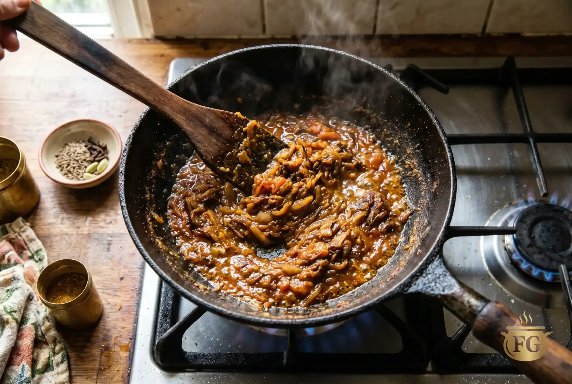 100% Authentic Palak Paneer Recipe (5 Secrets for a Vibrant Emerald Gravy) % %caption % A top-down close-up view of a dark cast-iron wok (kadhai) on a lit gas hob burner with a blue flame. A hand holding a wooden spatula actively stirs a thick, deeply caramelized reddish-brown onion and tomato masala, producing visible steam. The background features small spice pots, a kitchen cloth, and a blurred window on a rustic wooden counter under natural light.