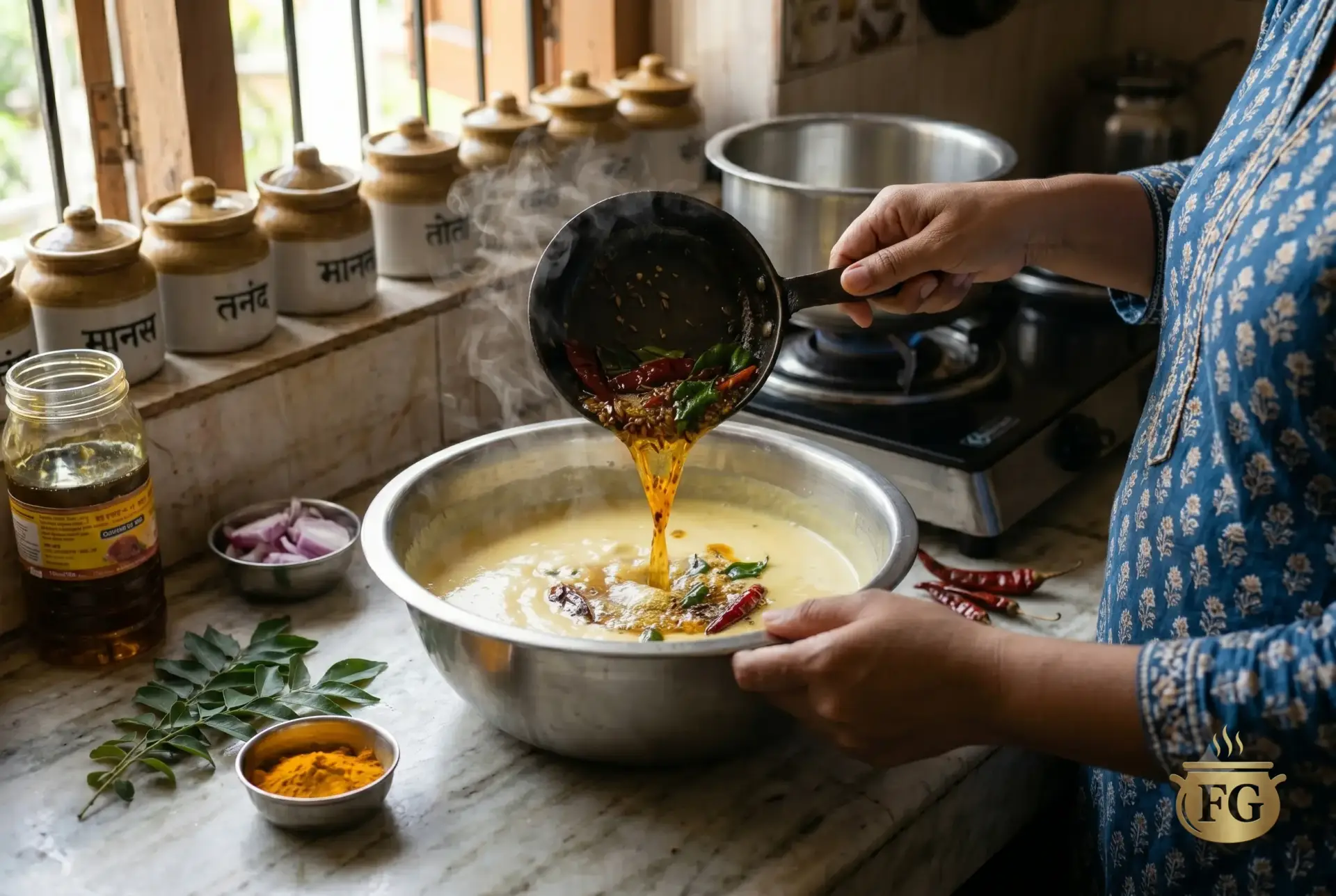 Action shot of a small metal tempering pan pouring sizzling hot red oil with mustard seeds, curry leaves, and dried red chilies over a pot of thick yellow Kadhi.