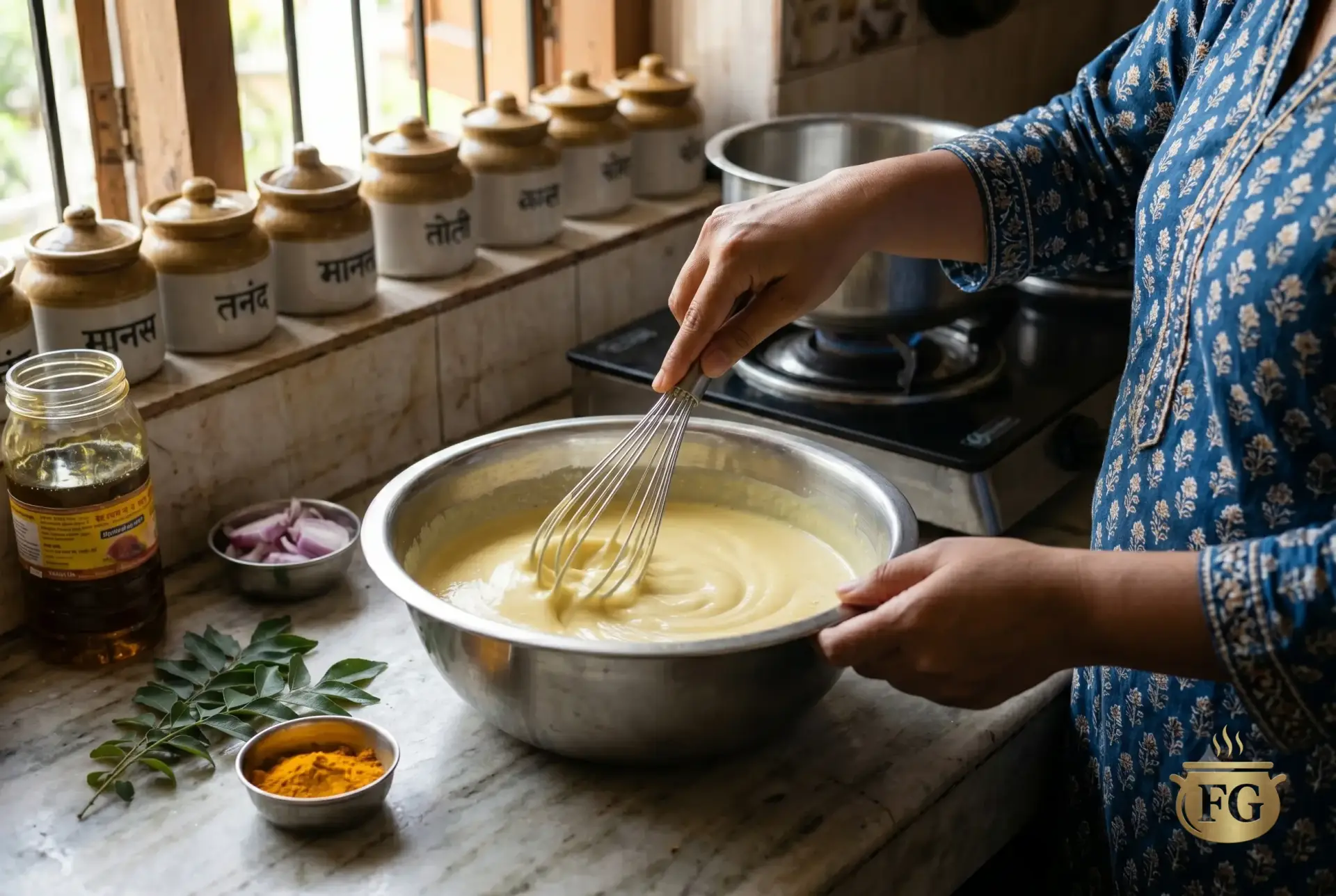 A top-down view of a silver whisk mixing a bright yellow liquid batter of yogurt, turmeric, and besan inside a large glass mixing bowl.