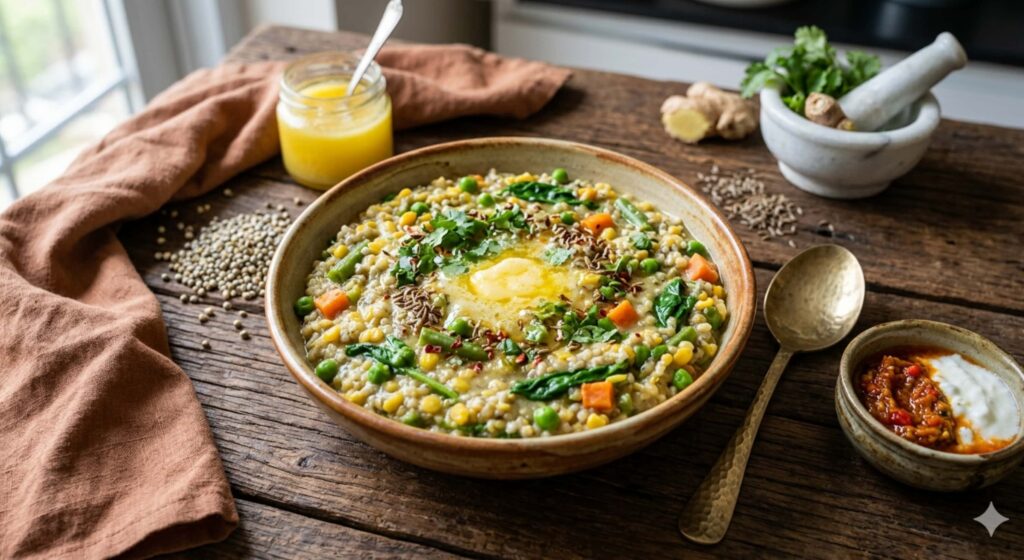 Bajra Khichdi Benefits and Recipe: The Ultimate Superfood for Weight Loss % %caption % Healthy Bajra Khichdi bowl with melting ghee and vegetables on a rustic wooden table, featured recipe on foodiegali.com.