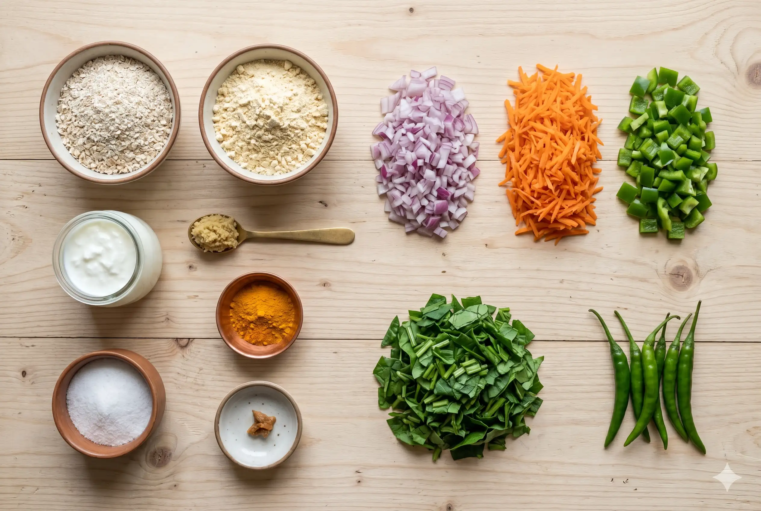 10 Minute Oats Vegetable Chilla % %caption % An overhead knolling shot of all ingredients for a 10-Minute Oats Vegetable Chilla: powdered oats, besan, yogurt, and a mix of colorful finely chopped vegetables.