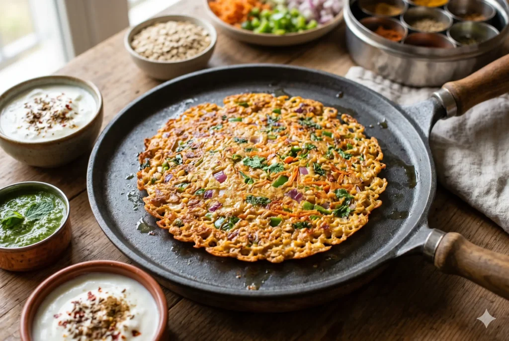 Golden brown 10-Minute Oats Vegetable Chilla on a pan with crispy edges and colorful vegetables, served with green chutney and curd.