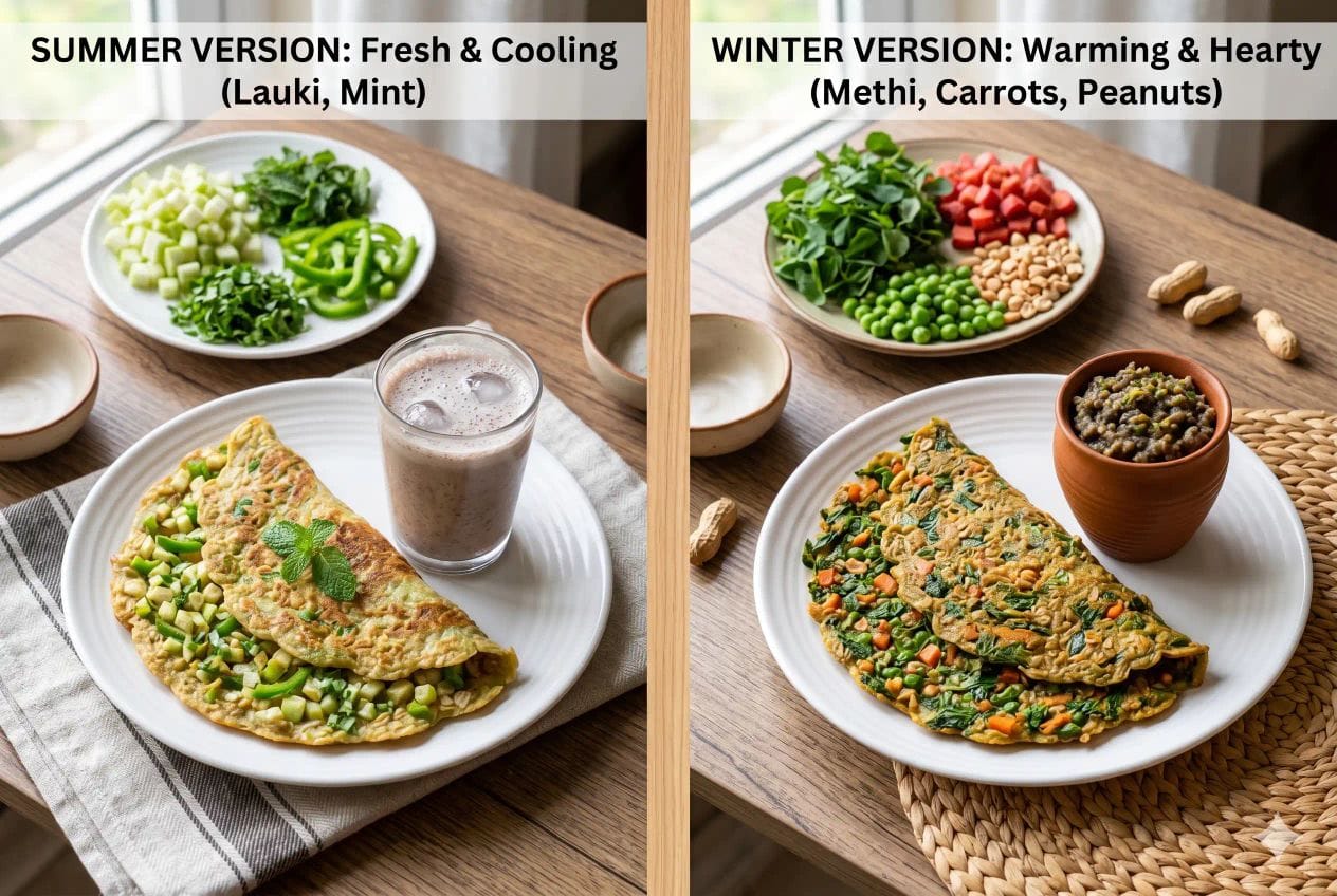 10 Minute Oats Vegetable Chilla % %caption % A high-definition, 1200x800px collage showing two versions of 10-Minute Oats Vegetable Chilla: The "Summer Version" with lauki, mint, and a glass of Ragi Malt, and the "Winter Version" with methi, carrots, peanuts, and a side of Bajra Khichdi.