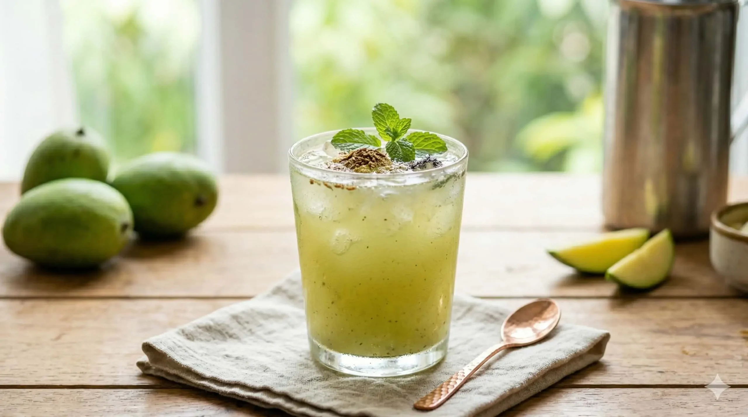 A close-up of a condensation-covered glass of refreshing Aam Panna cooler with raw mango slices and mint leaves on a rustic wooden table by a window in natural light.