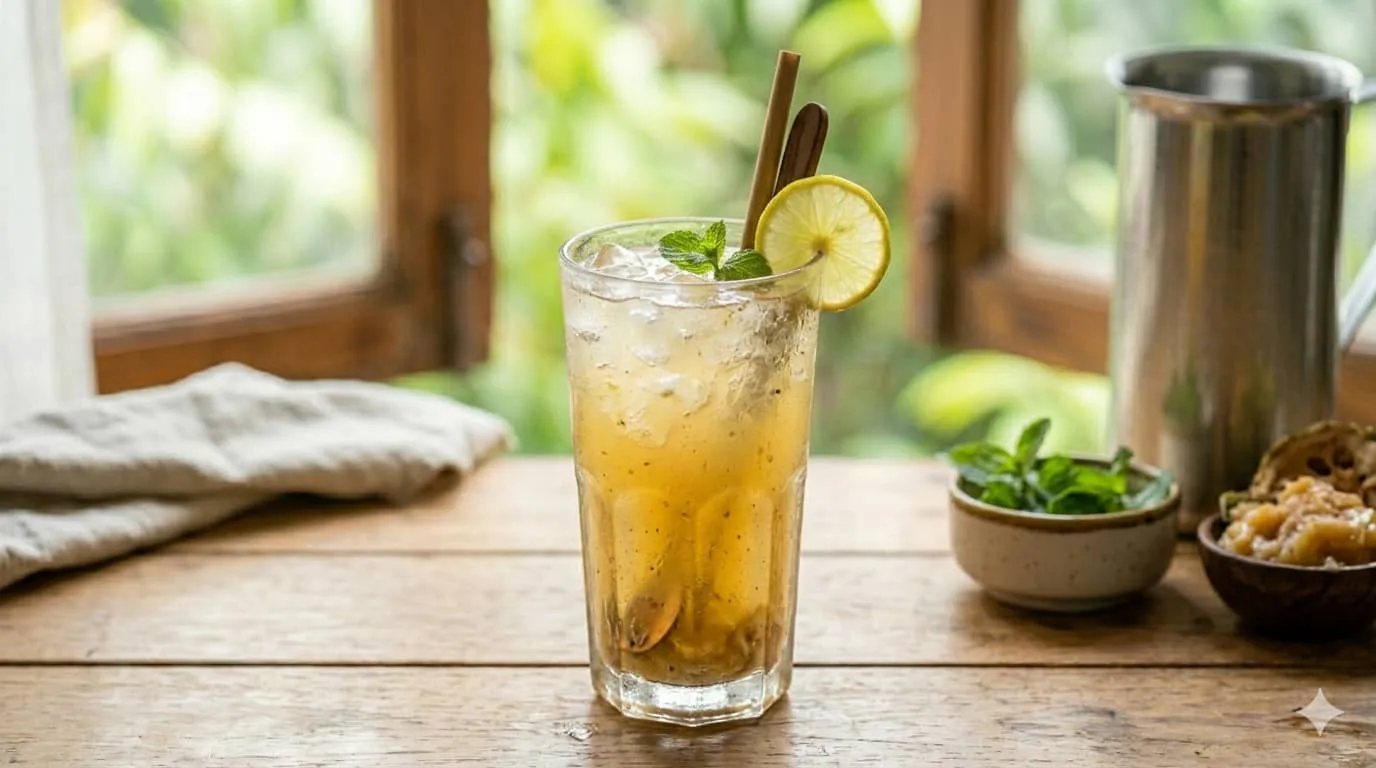 A close-up of a condensation-covered tall textured glass of traditional yellowish Bel Ka Sharbat over ice with a lime slice and mint garnish on a rustic wooden table by a window in soft light.