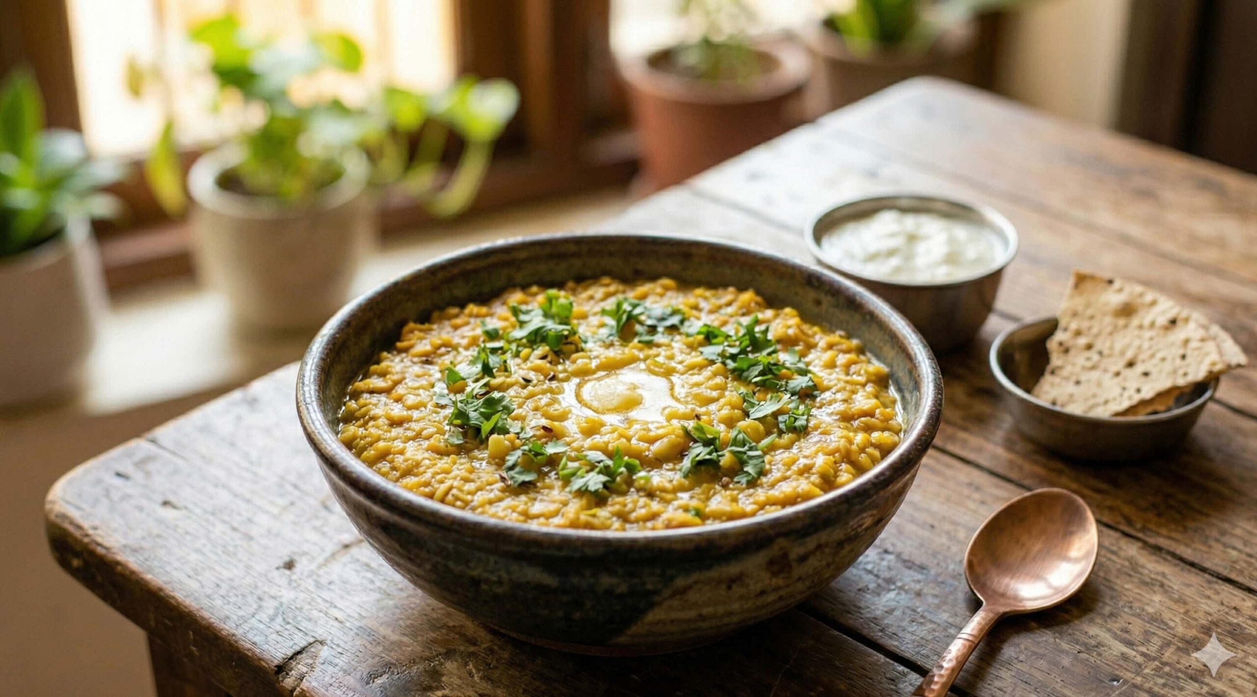A comforting bowl of yellow moong dal khichdi, tempered with cumin and ghee, garnished with fresh cilantro, served with a side of roasted papad and curd.