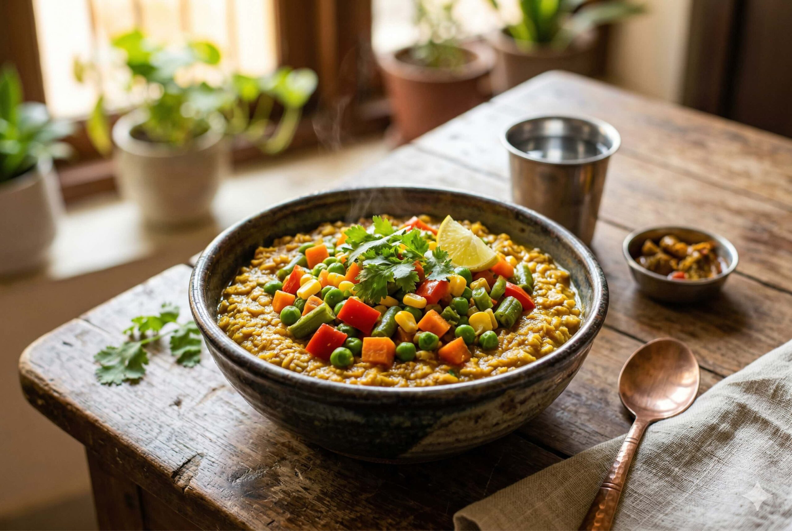 A steaming bowl of savory masala oats topped with colorful summer vegetables like green peas, carrots, and bell peppers, garnished with fresh coriander.