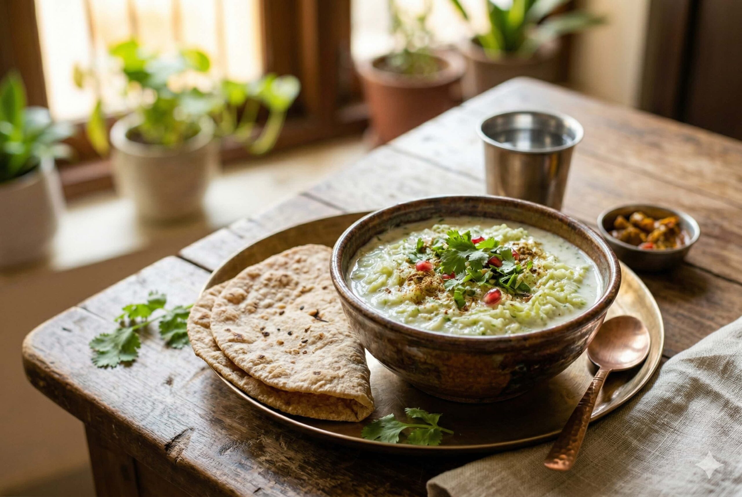 A refreshing bowl of Lauki Raita (grated bottle gourd in yogurt) seasoned with roasted cumin, served alongside two soft, toasted multigrain rotis on a traditional plate.