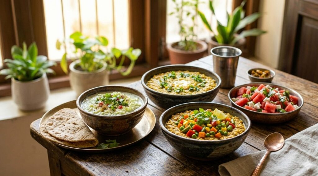 A wholesome and light Indian summer dinner spread with 5 refreshing recipes on a rustic wooden table by the window.