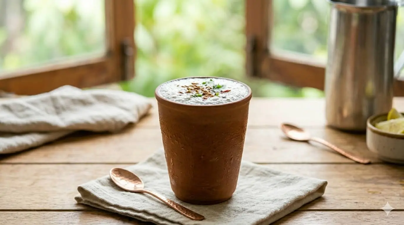 A close-up of traditional frothy Masala Chaas in an earthen kulhad glass with cilantro and roasted cumin garnishes on a rustic wooden table by a window in soft light.