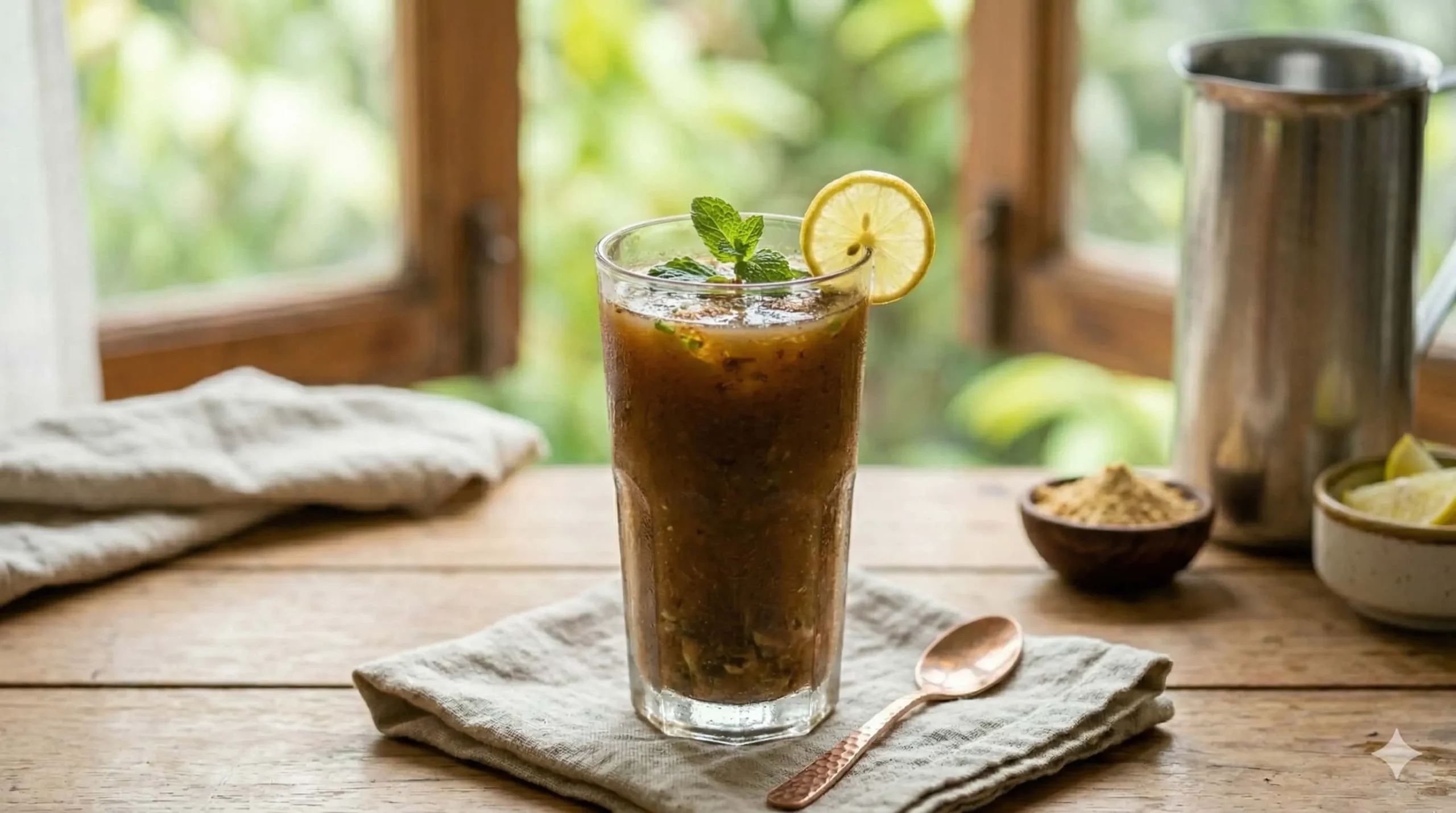 A close-up of traditional dark Sattu Sharbat with mint sprigs, cumin powder, and a lemon wedge on a condensation-covered glass on a rustic wooden table by a window in natural light.