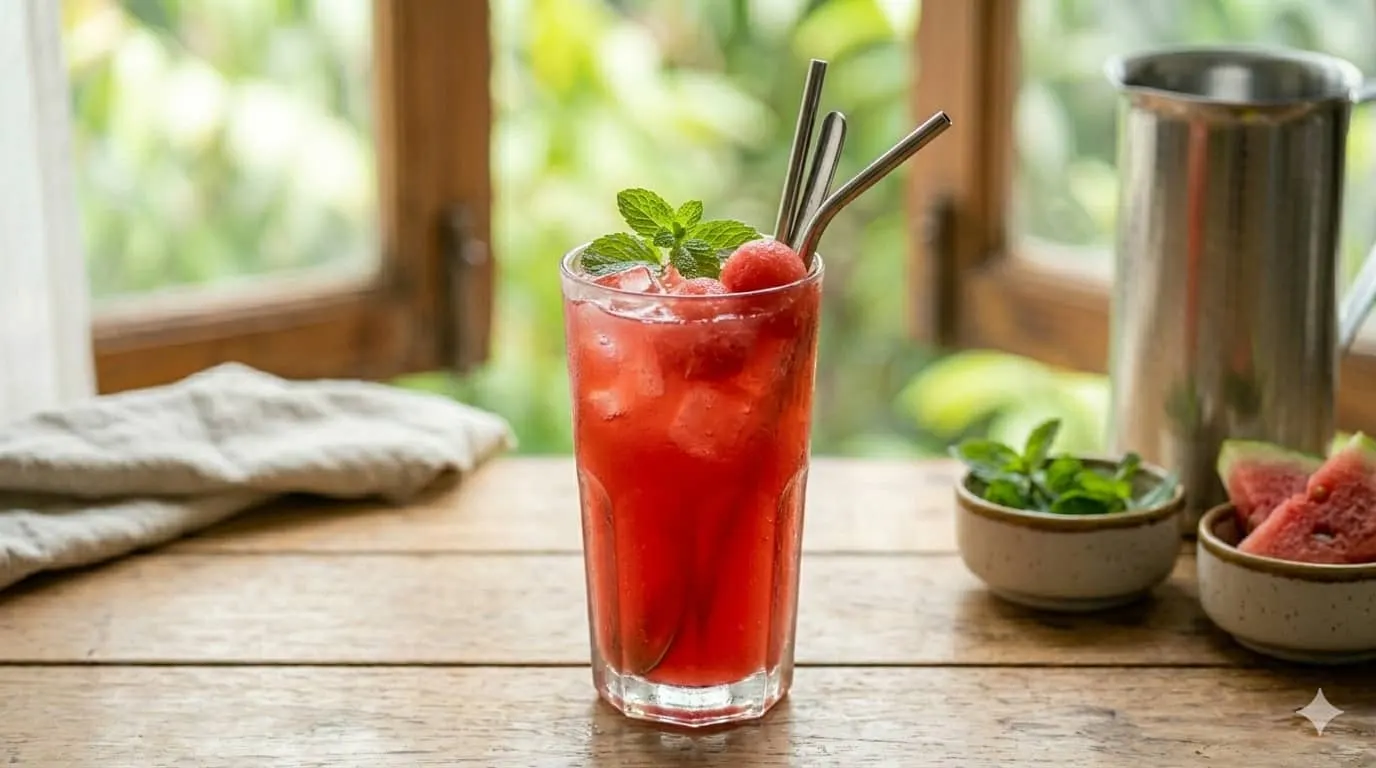 A close-up of a vibrant red Watermelon Mint Cooler in a tall clear glass over ice with whole mint sprigs and watermelon chunks on a rustic wooden table by a window in soft light.