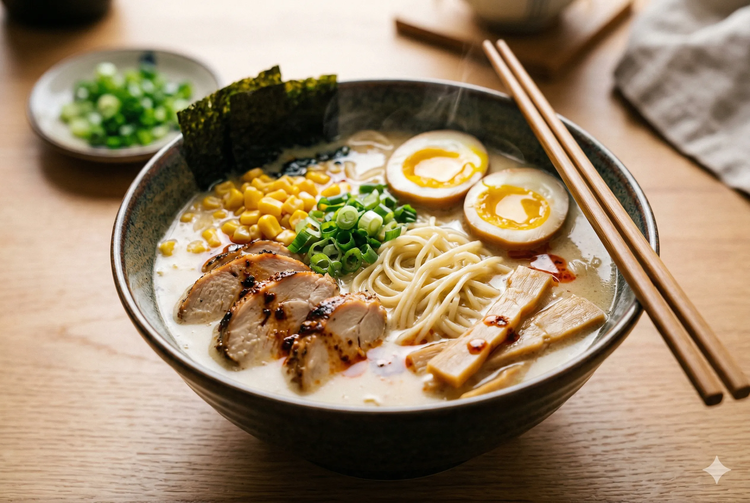 A high-quality bowl of authentic creamy chicken ramen (Tori Paitan) with soft-boiled eggs, nori, and grilled chicken on a wooden table.