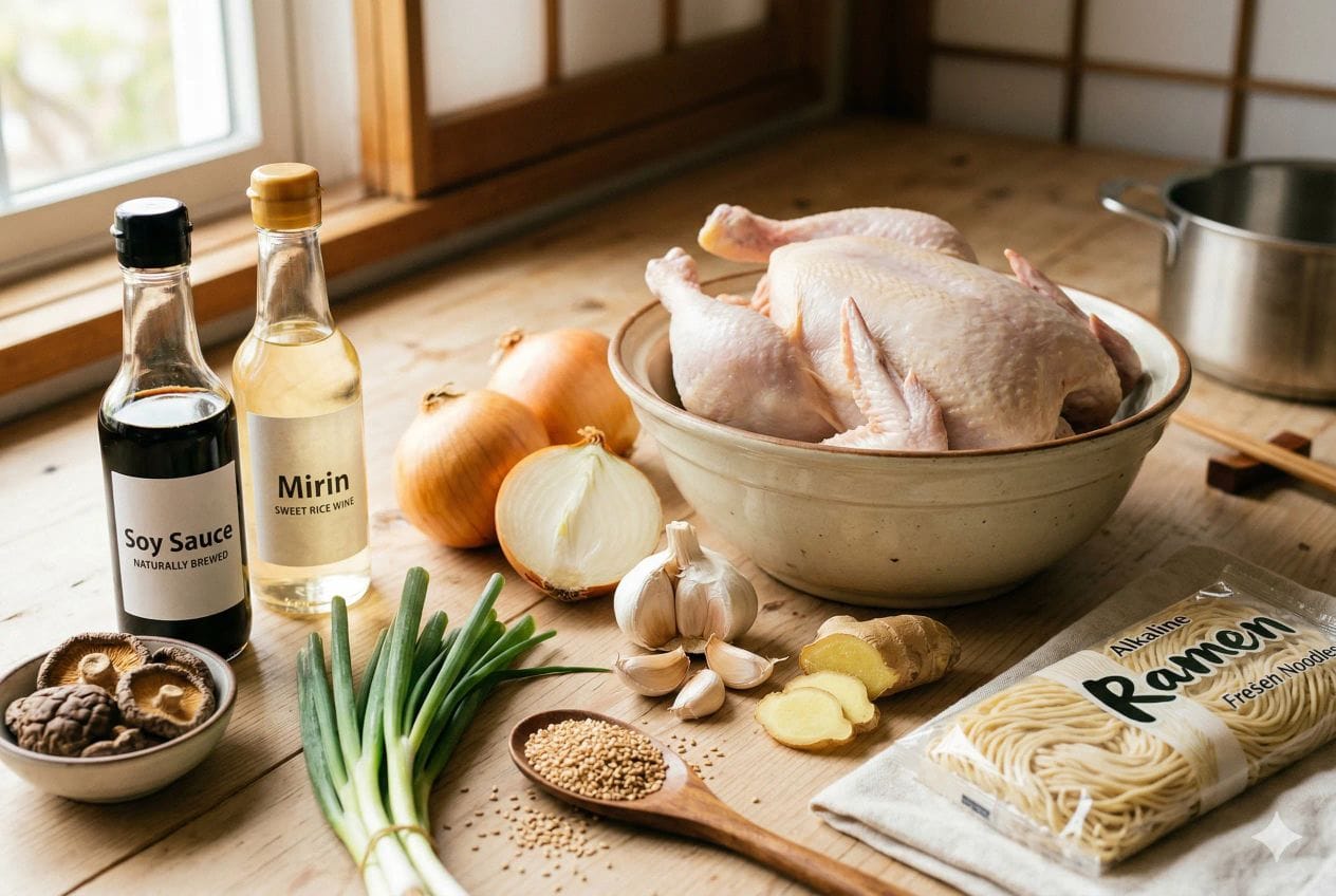 Raw ingredients for making a creamy Chicken Ramen Recipe, including chicken bones, garlic, ginger, noodles, and soy sauce, displayed on a wooden counter for Foodie Gali.