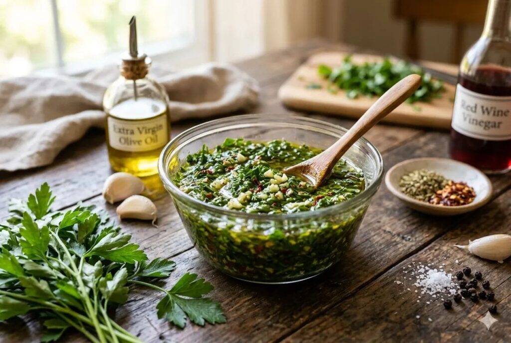 Chimichurri % %caption % A glass bowl of fresh green Chimichurri sauce on a wooden table surrounded by ingredients like parsley, garlic, olive oil, and red wine vinegar.