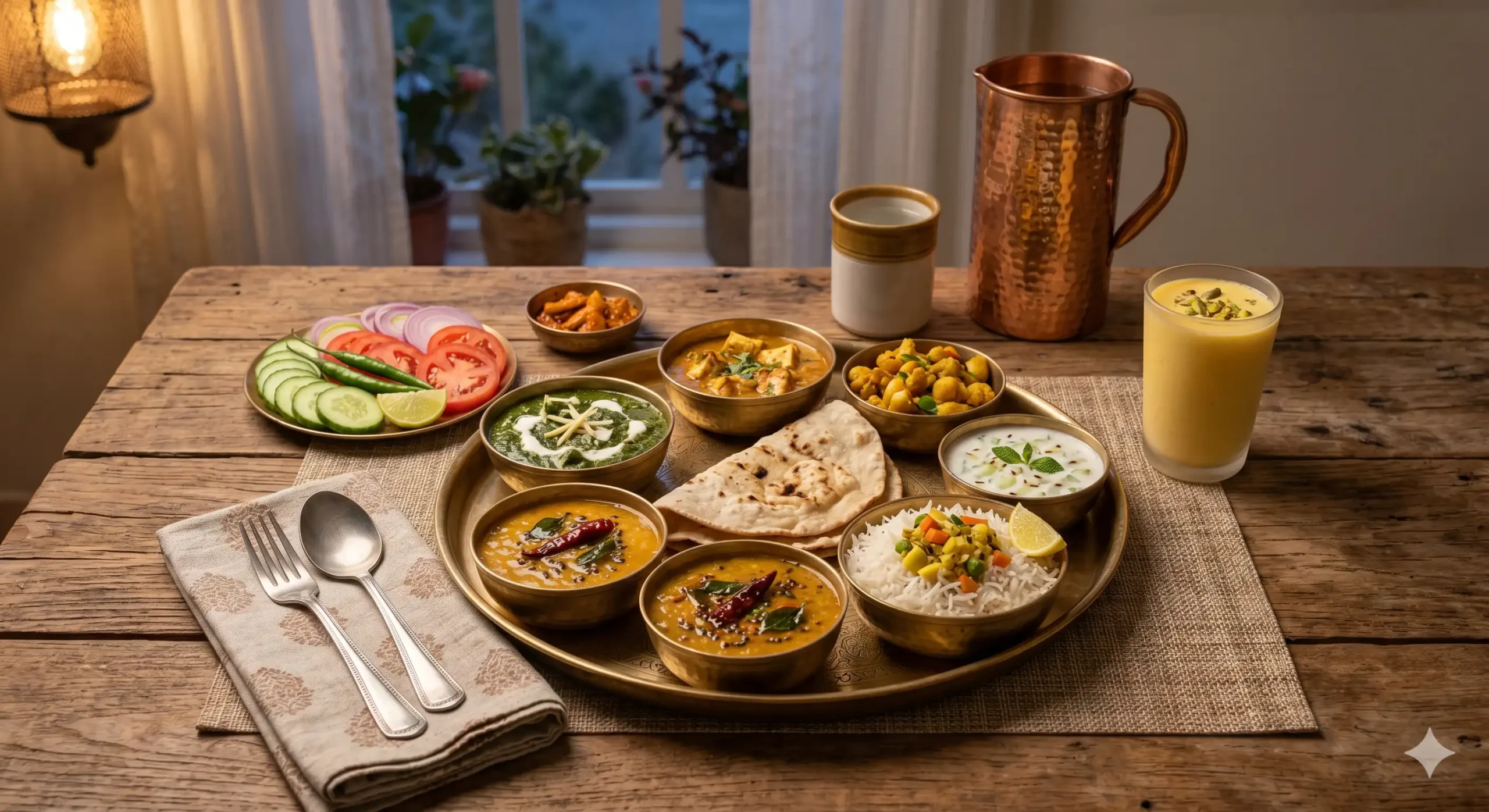 A large brass thali plate filled with various Indian curries, rice, rotis, and a side of fresh salad and mango lassi on a wooden dining table.