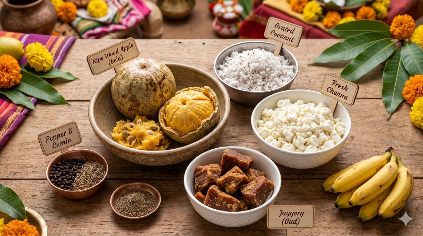 Overhead view (flat lay) of key ingredients for authentic Odia Bela Pana: ripe wood apple, fresh chenna, grated coconut, and jaggery in bowls on a rustic wooden table.
