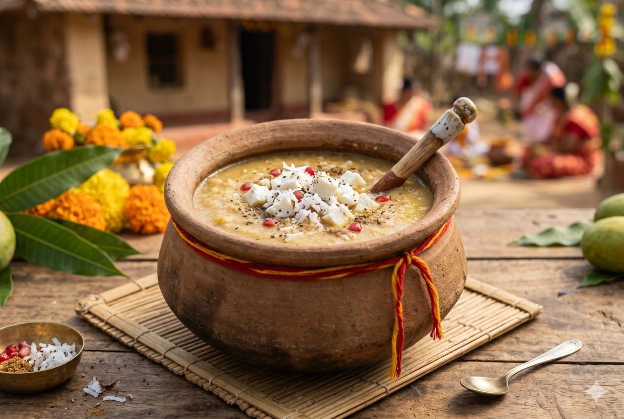 Authentic Odia Bela Pana garnished with fresh chenna, coconut, and pomegranate in a traditional clay pot.