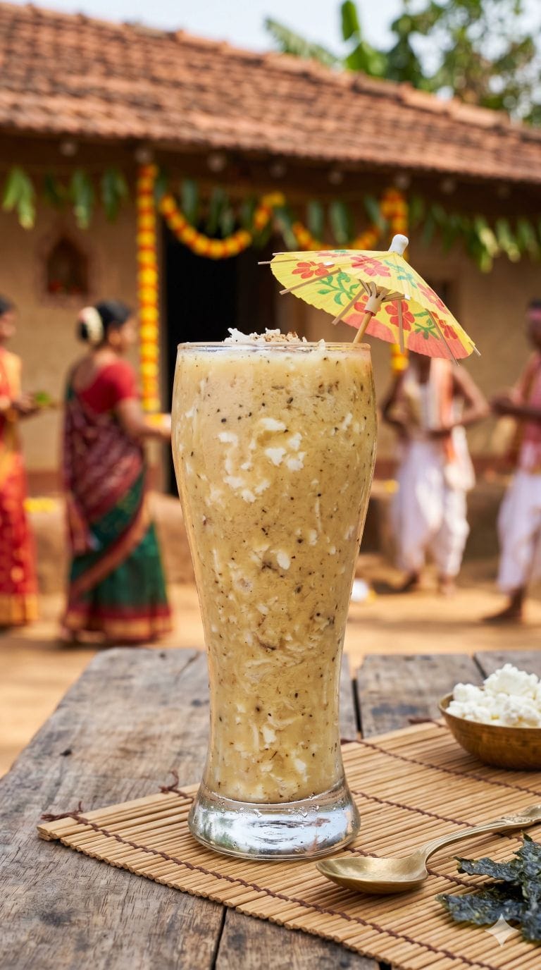 A vertical (9:16) close-up of a tall, ornate glass brimming with creamy beige-yellow Odia Bela Pana (Wood Apple Nectar), garnished with fresh white chenna chunks, coconut, black pepper, and a miniature paper cocktail umbrella, set outdoors against a traditional Odia village house bathed in natural daylight for a Pana Sankranti festival.