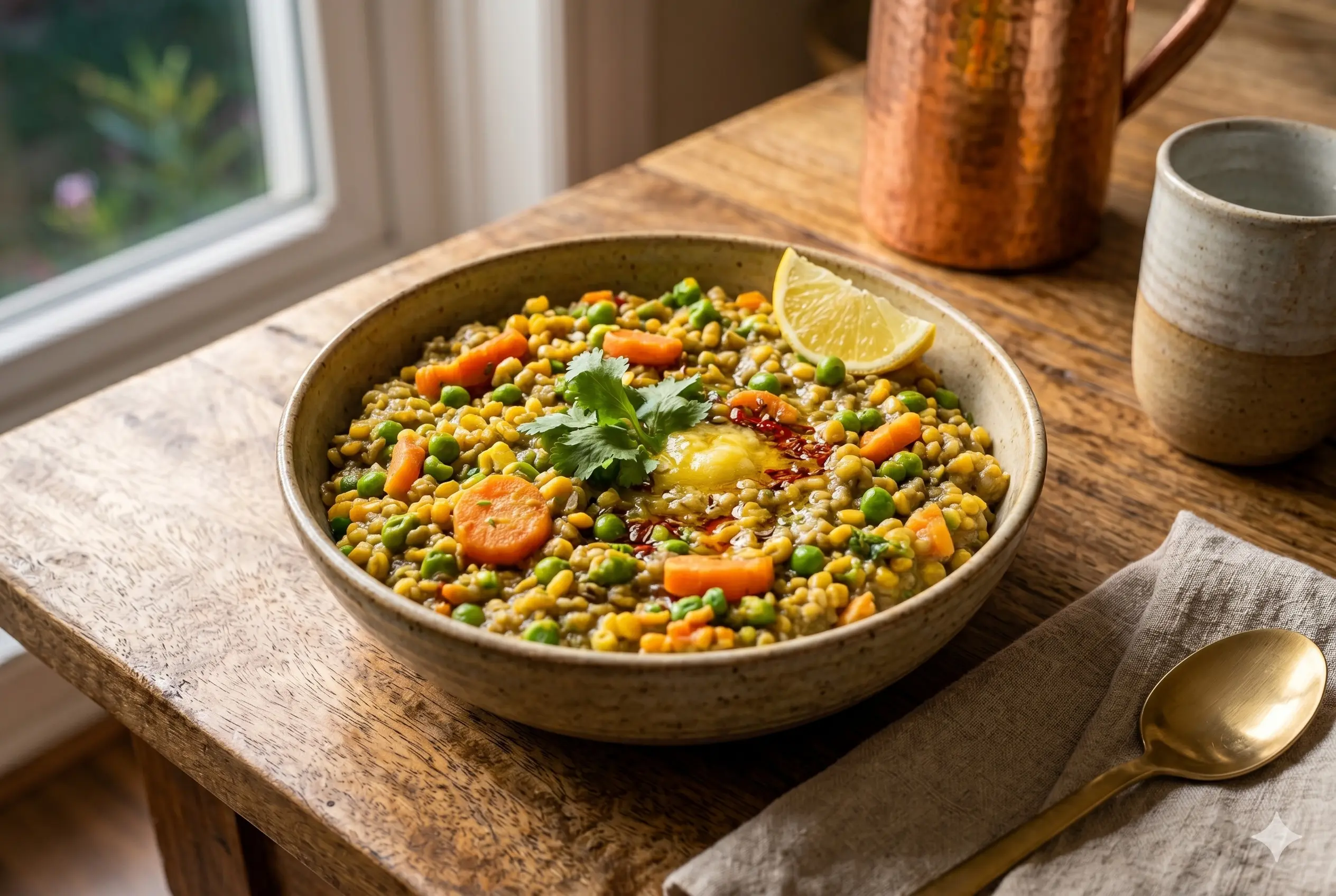A hearty, speckled ceramic bowl of Bajra Khichdi (Pearl Millet Khichdi) with vegetables (peas and carrots), garnished with fresh coriander, a dollop of melted ghee, and a lemon wedge, sitting on a wooden table.