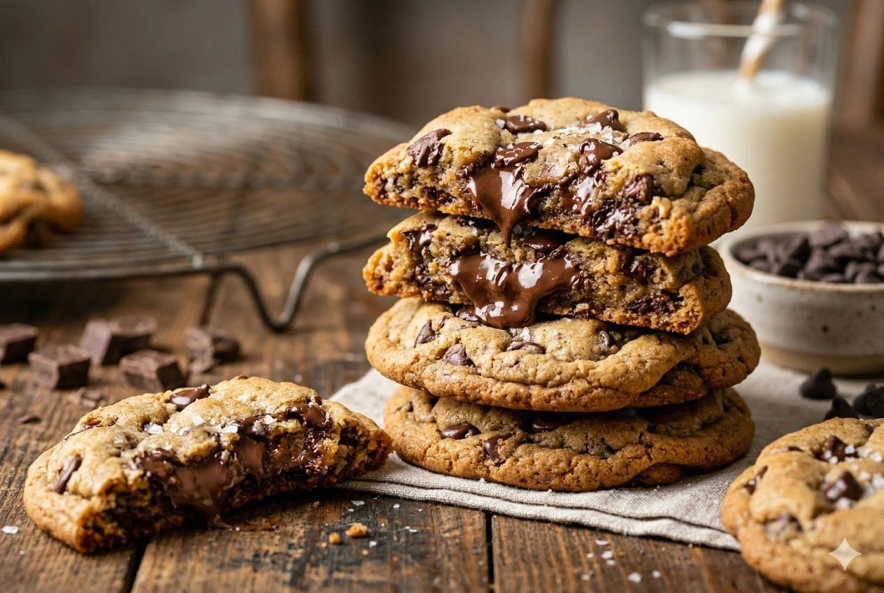 A stack of gooey, bakery-style chocolate chip cookies with melting chocolate and sea salt on a wooden table.