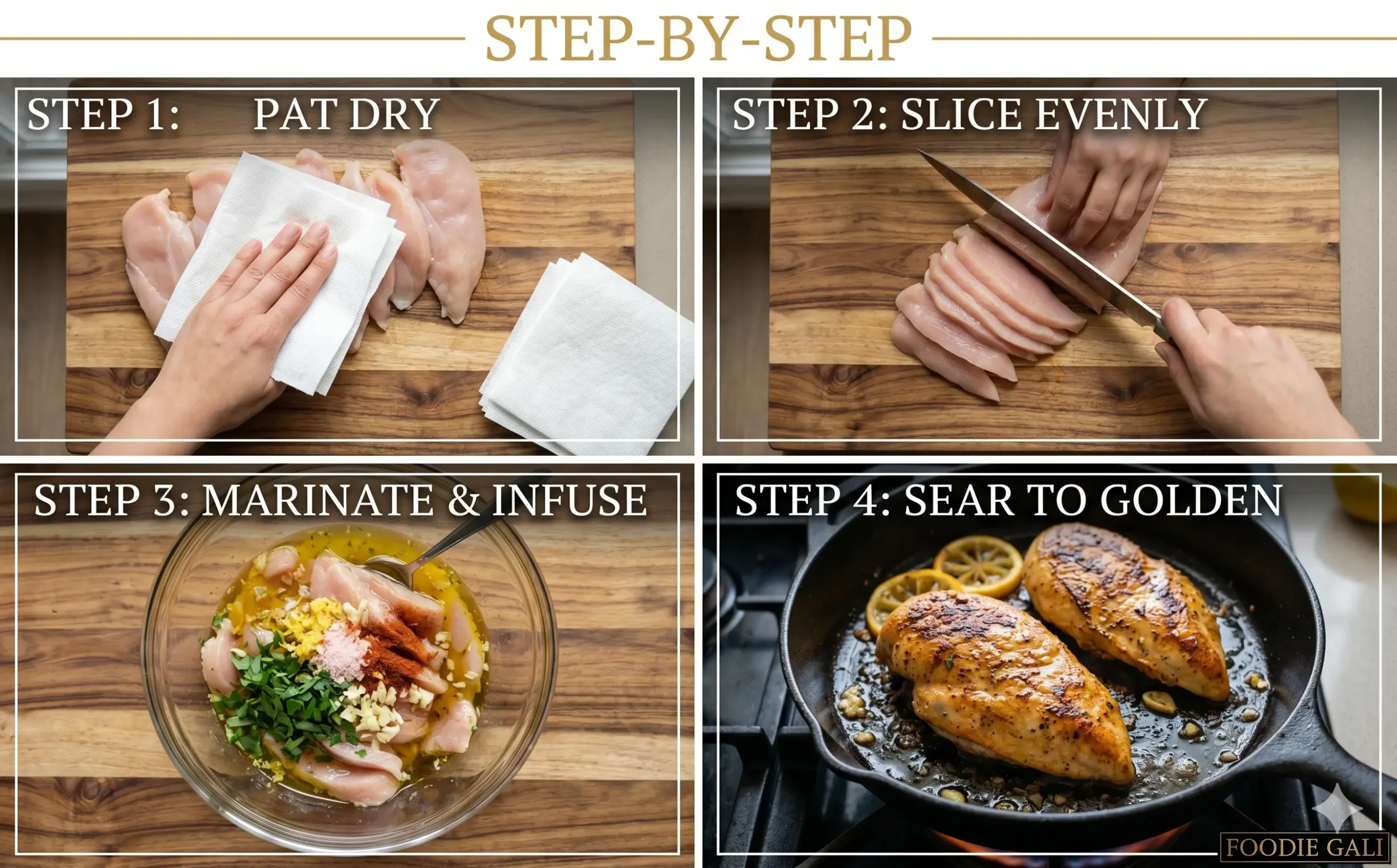 A neat, organized four-panel cooking collage showing hands patting dry chicken cutlets with paper towels, precisely slicing them on a wooden board, marinating them in a glass bowl with herbs, and finally searing them to a golden-brown in a hot skillet with lemon and garlic, ready for consumption.