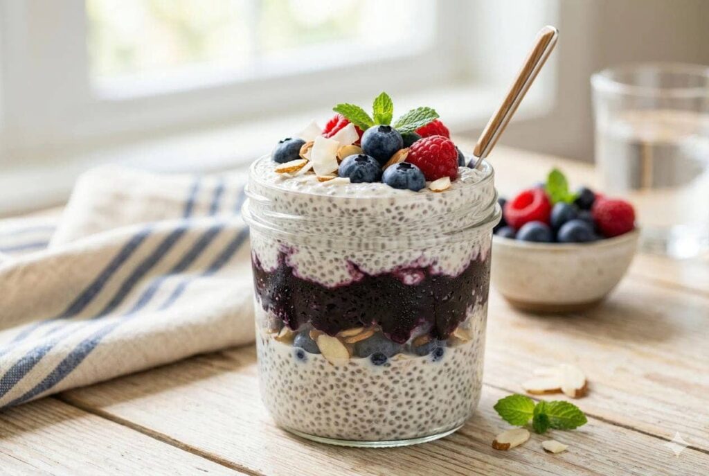 Chia Seed Pudding Recipe % %caption % A close-up of healthy layered berry chia seed pudding with fresh blueberries, raspberries, and almonds in a mason jar.