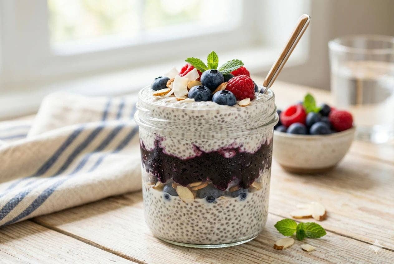 A close-up of healthy layered berry chia seed pudding with fresh blueberries, raspberries, and almonds in a mason jar.