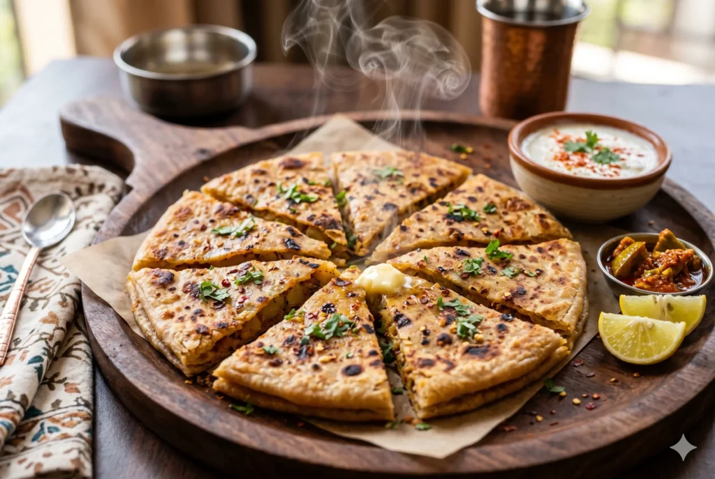 A close-up shot of golden-brown Peri Peri Aloo Paratha cut into triangles, served on a wooden platter with rising steam, butter, and yogurt.