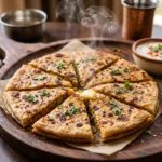 A close-up shot of golden-brown Peri Peri Aloo Paratha cut into triangles, served on a wooden platter with rising steam, butter, and yogurt.