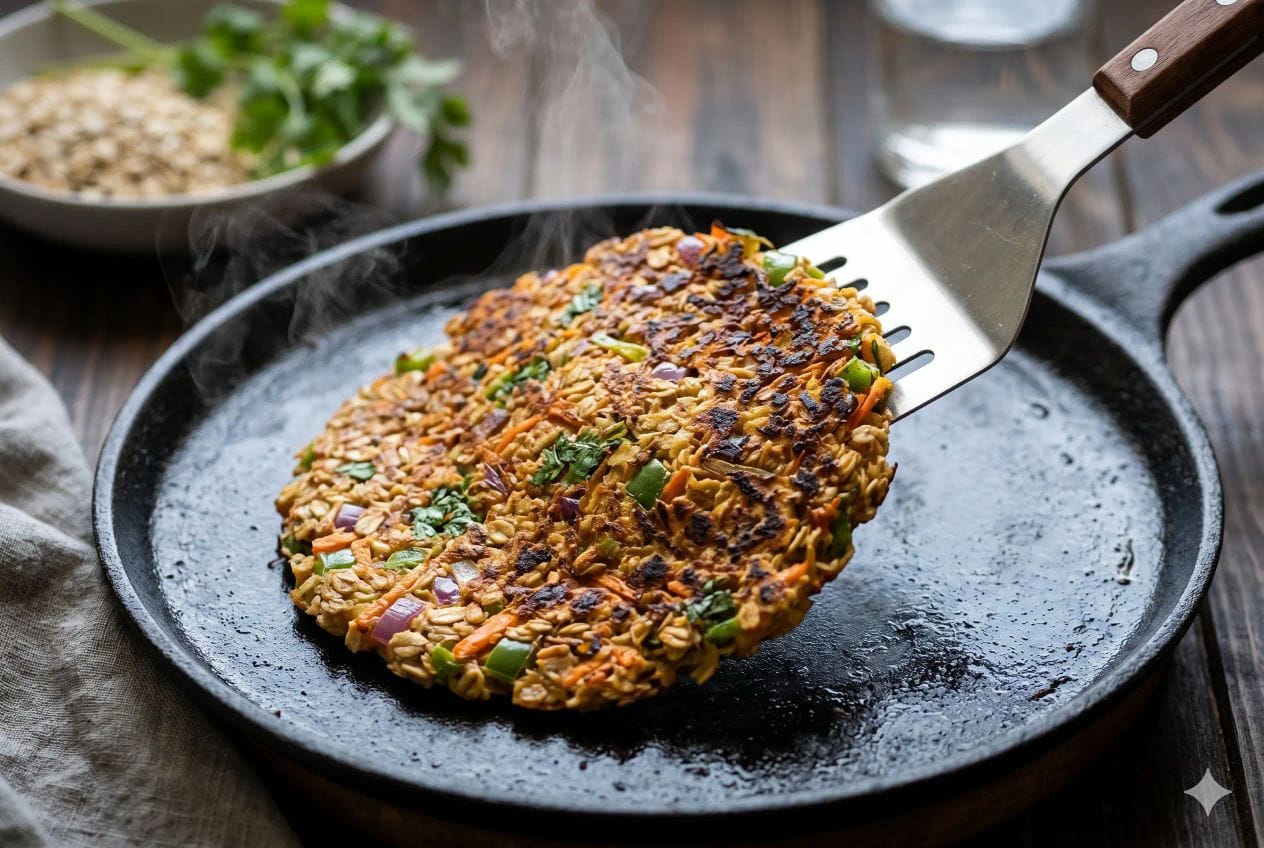 10 Minute Oats Vegetable Chilla % %caption % A close-up action shot of a spatula flipping a 10-Minute Oats Vegetable Chilla on a black tawa, showing a crispy golden-brown texture and steam.