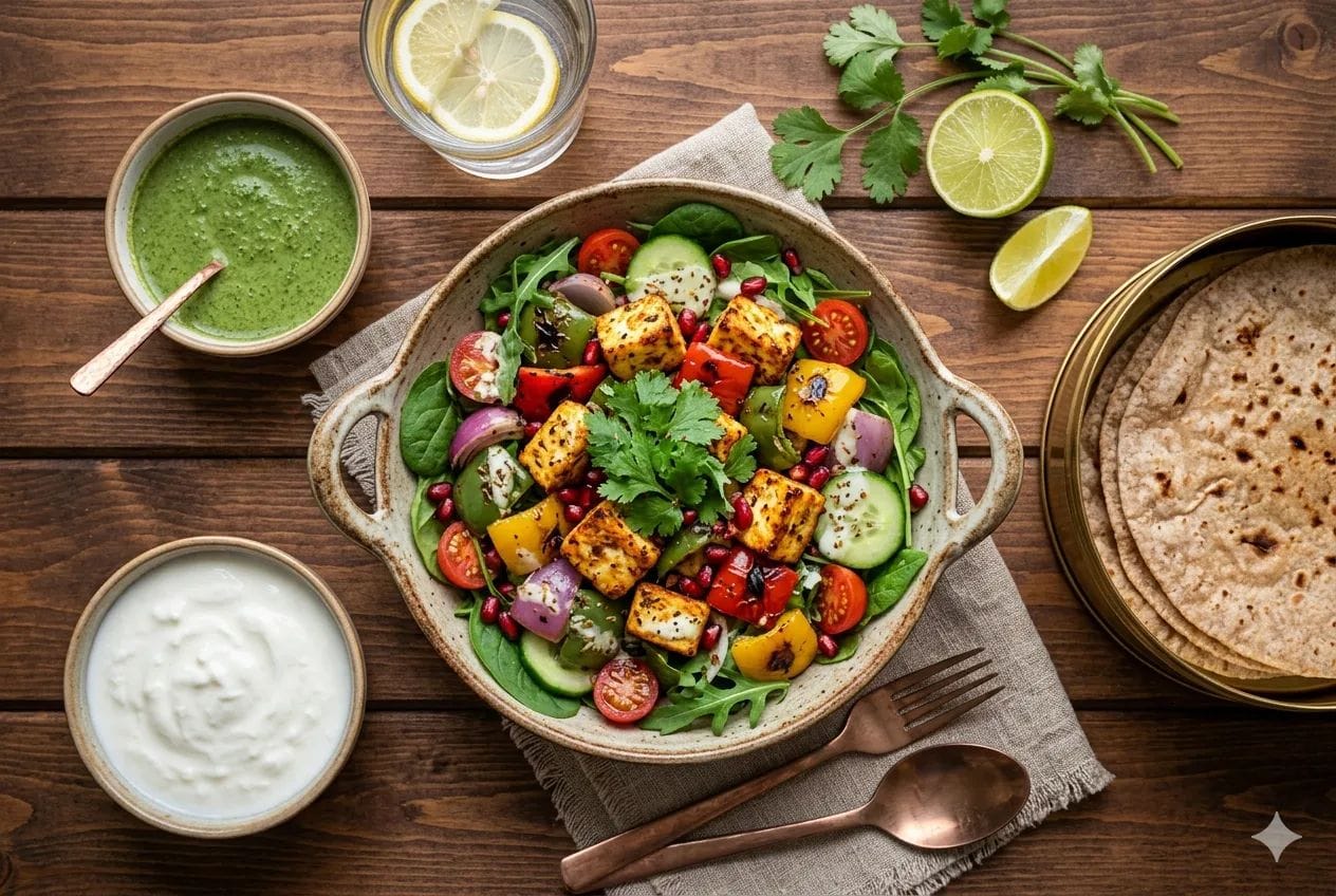 Overhead view of a vibrant grilled paneer tikka salad with roasted vegetables, fresh greens, pomegranate, and side dishes on a wooden table.