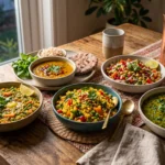 A variety of healthy Indian light dinner bowls including dal, vegetable khichdi, and sprout salad on a wooden table.