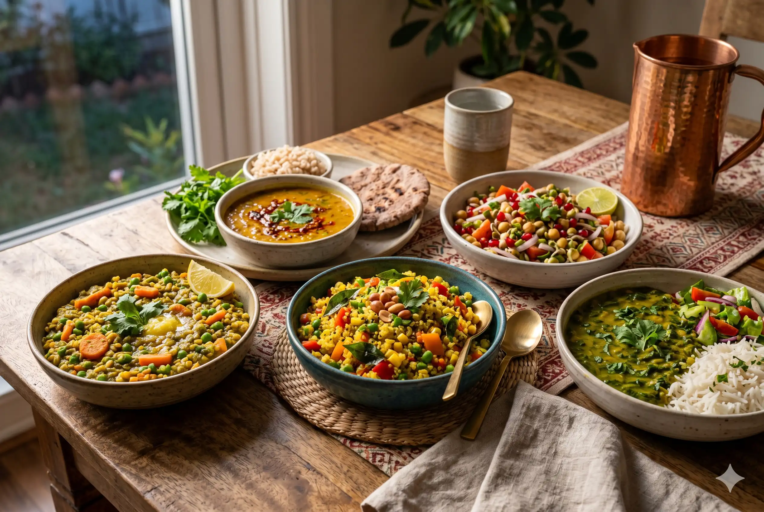 A variety of healthy Indian light dinner bowls including dal, vegetable khichdi, and sprout salad on a wooden table.
