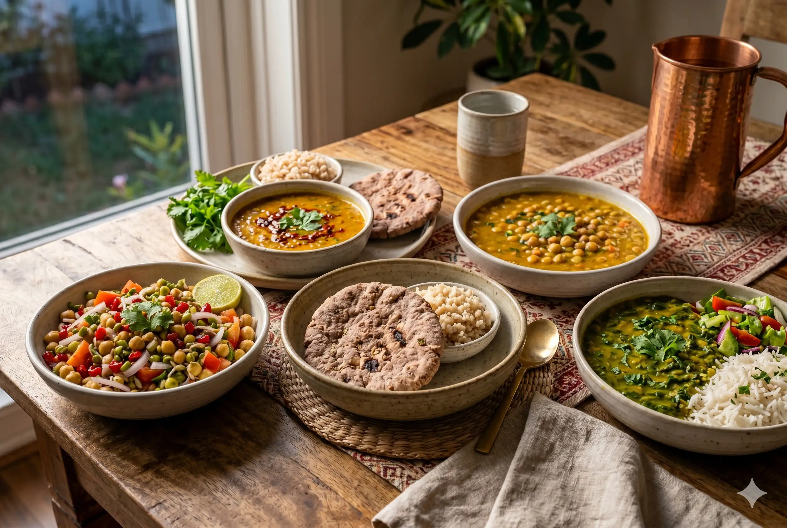 A rustic wooden table filled with colorful bowls of Indian vegetarian food, including chickpea salad, dal, multi-grain rotis, millet grains, and rice, next to a window with a green plant and a copper jug.