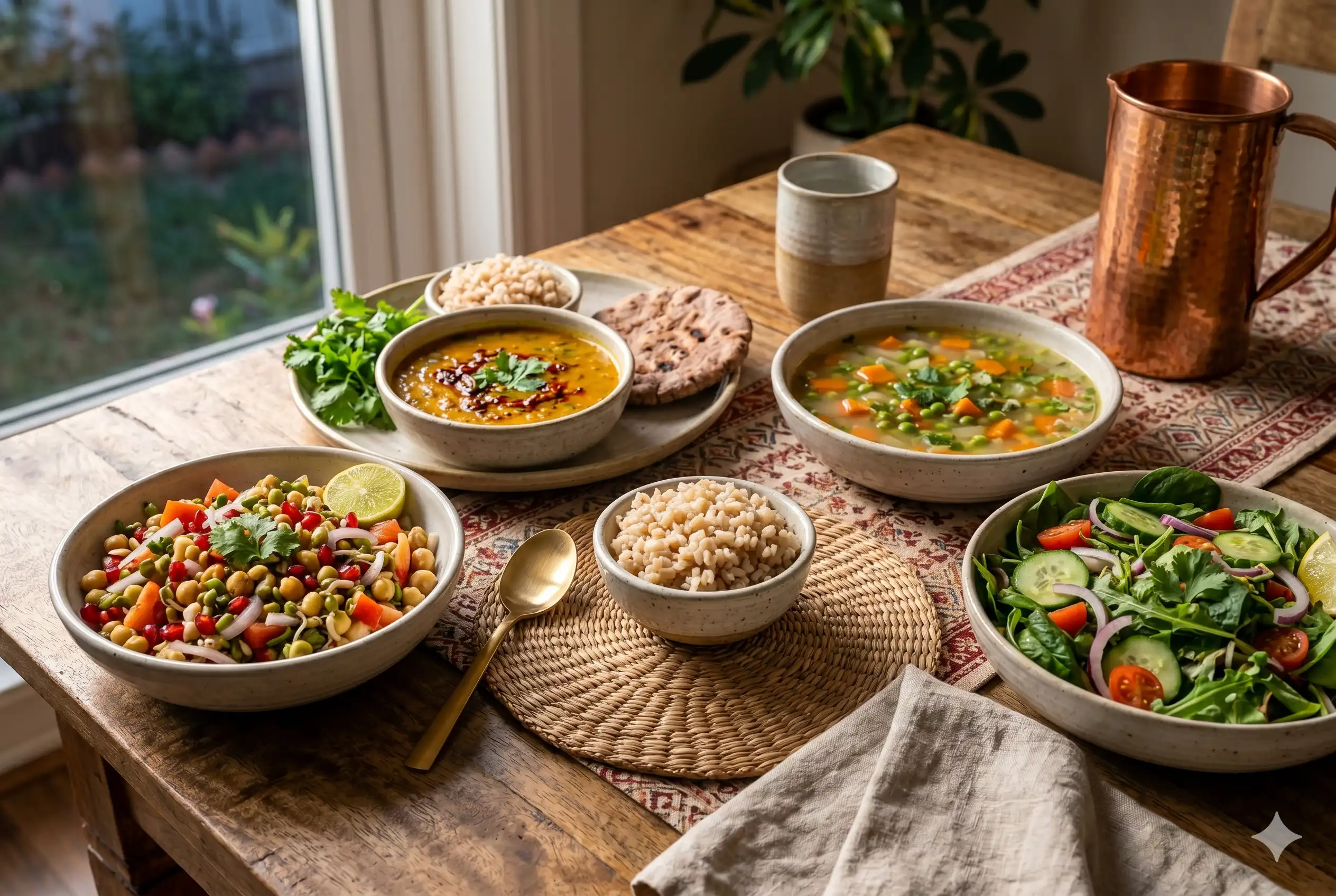 A wooden table set with four bowls of vibrant Indian-inspired soups and salads, including a chickpea salad, green salad, lentil soup, and multi-grain grains.