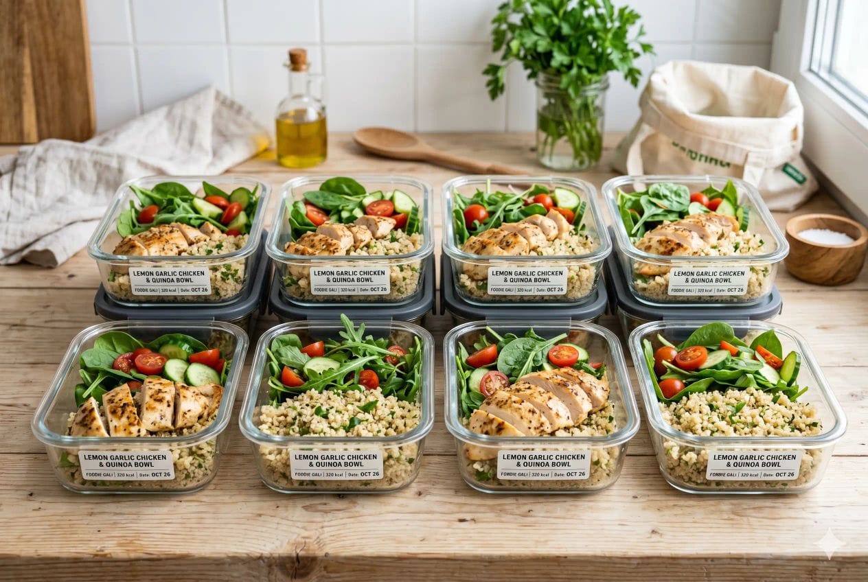 Healthy Lemon Garlic Chicken meal prep containers with quinoa and fresh salad
