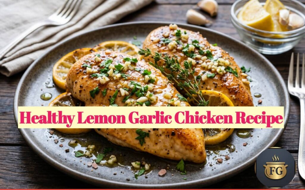 healthy lemon garlic chicken recipe % %caption % Juicy seared healthy lemon garlic chicken garnished with fresh herbs and lemon slices on a premium plate.